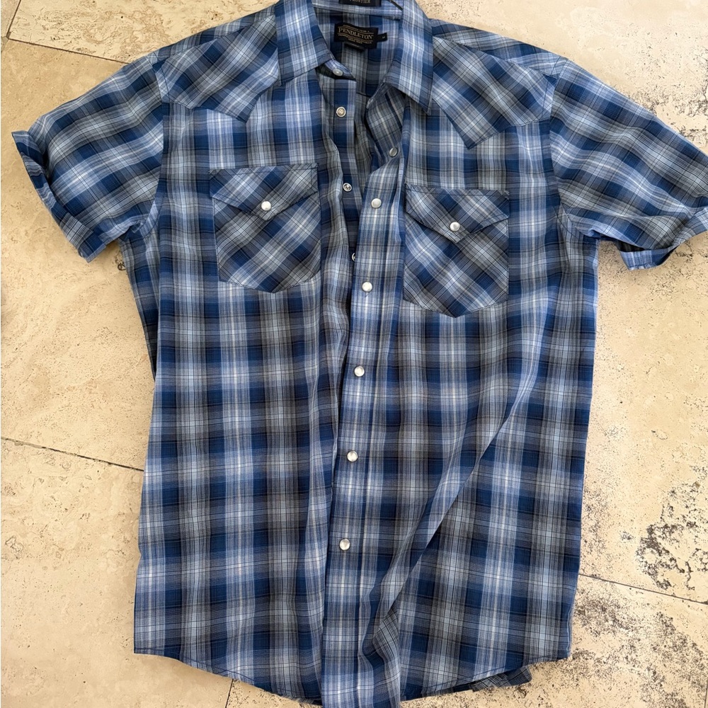 Pendleton Blue Plaid Short-Sleeve Button-Down Shirt